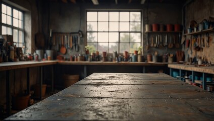 Blank rough metal workshop and desk table surface on blurred garage background with copy space, Empty space for your products and crafty idea in man cave studio.