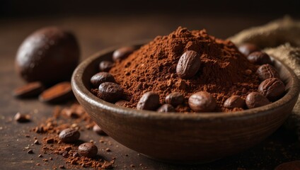 Close up of cocoa powder in a brown ceramic bowl, raw cocoa beans around, with copy space, concept of cocoa trading, cocoa pricing increasing or changing, food ingredient.