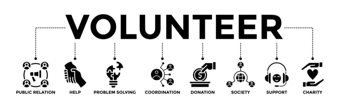 Volunteer banner icons set. Vector graphic glyph style with icon of public relations, help, problem-solving, coordination, donation, society, support, and charity