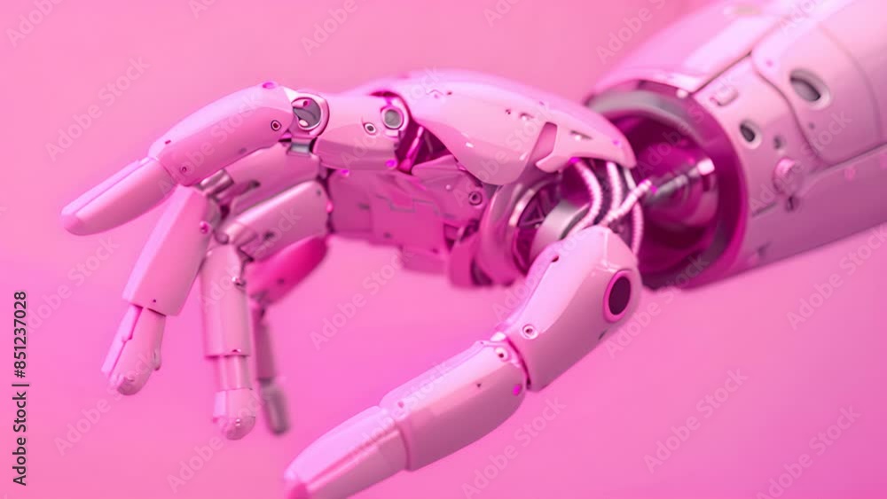 Poster close-up of pink robotic hand with detailed mechanical joints on a pink background symbolizing futur