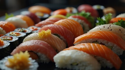 Food - Japanese Assorted Sushi and Sashimi displayed in catering area, Japanese style sushi buffet, sushi bar background.