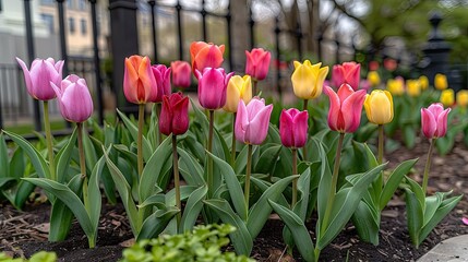 e the vibrant colors of spring in an 8K image capturing a profusion of tulips in a rainbow of hues,  