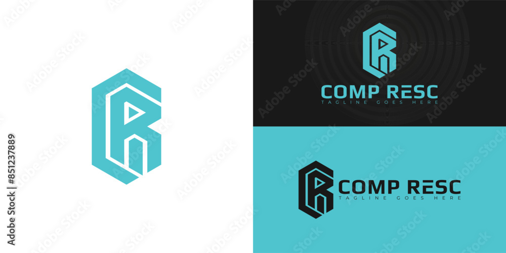 Poster abstract initial hexagon letters cr or rc logo in blue color isolated on multiple background colors.