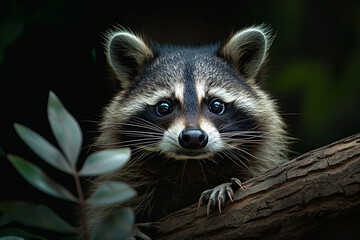 Fototapeta premium Charming portrait of a cute and expressive raccoon, capturing the animal's playful and mischievous nature