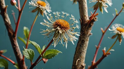 Dandelion Seeds Against Teal Background.