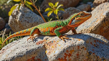 Obraz premium Close-up of a Green and Orange Lizard on a Rock.