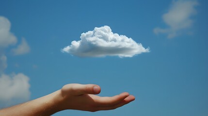 Floating Cloud Above Hand: A small, fluffy cloud floating just above an outstretched hand against a vibrant blue sky.