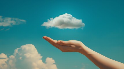 Floating Cloud Above Hand: A small, fluffy cloud floating just above an outstretched hand against a vibrant blue sky.