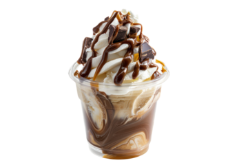 ice cream pint filled with chocolate, peanut butter, and caramel, topped with hot fudge. Isolated on a white background