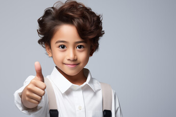 Fototapeta premium Portrait of an Asian kid wearing a black-white outfit on an isolated background with copy space
