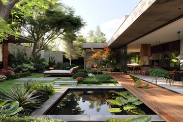 Fototapeta premium Courtyard with a pond and a wooden deck