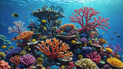 Vibrant Coral Reef with Colorful Fish.