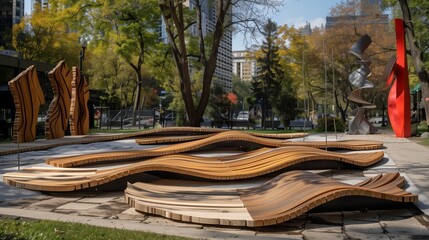 Edged wood boards seamlessly integrate into a modern art installation with diverse sculptures, creating a captivating park scene.