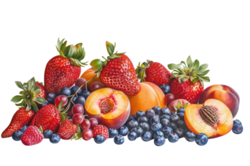 fresh strawberries, arranged alongside other summer fruits like peaches and blueberries, isolated on white background