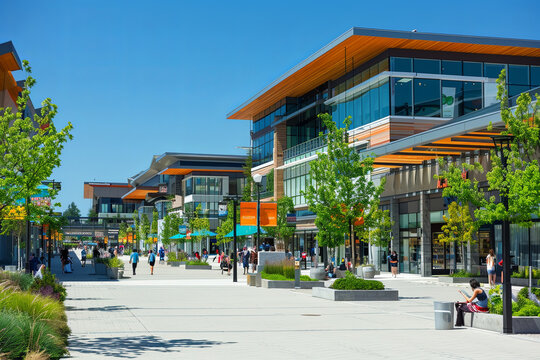 Exterior view of a bustling shopping mall, showcasing the modern architecture and vibrant atmosphere of the retail complex
