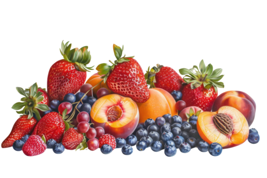 fresh strawberries, arranged alongside other summer fruits like peaches and blueberries, isolated on white background