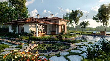 Obraz premium A beautiful house with a pool and a pond in the backyard