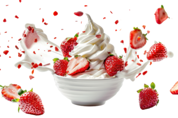 fresh strawberries falling into a bowl of whipped cream, isolated on white background