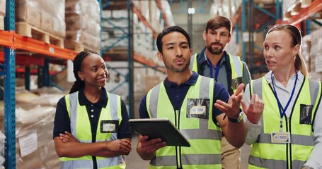 Warehouse, tablet and industrial people with inspection of stock, shelf and inventory management. Group walking with digital software for e commerce, logistics or supply chain teamwork and excellence