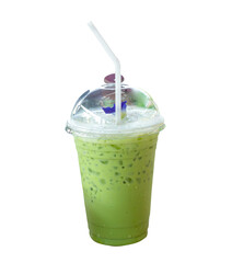 Iced matcha green tea with condensed milk in transparent plastic glass with white straw isolated...