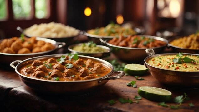 An array of Indian dishes in a traditional spread with drinks.