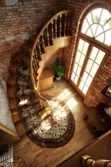 Fototapeta premium Curved Wooden Staircase with Brick Wall and Floral Rug