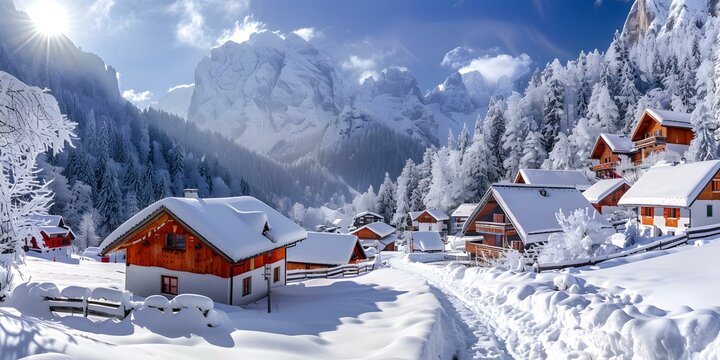 A winter wonderland of snow-covered houses in a mountain valley.