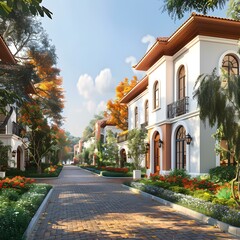 Fototapeta premium Beautiful residential street with elegant houses
