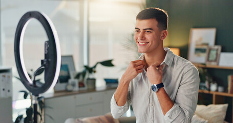 Happy man, vlog and recording with ring light in online streaming, virtual meeting or presentation...