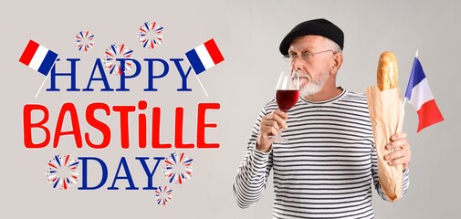 Mature man with flag of France and baguette drinking wine on light background. Bastille Day...
