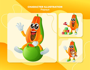 Cute papaya characters playing with kid toys