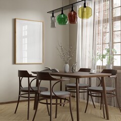 Frame interior, mockup frame, poster wood in empty one frame picture interior in dining room in illustration 3d rendering