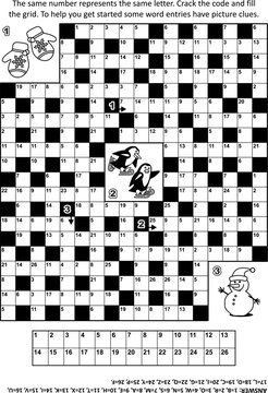 Puzzle page with codebreaker (or codeword, or code cracker) crossword word game with general knowledge entries and 3 winter or Christmas picture clues. Answer included.
