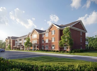 Brick Exterior Apartment Building With Green Grass