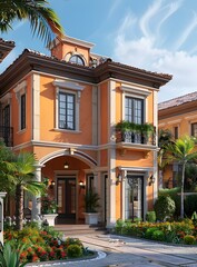 Fototapeta premium European style two storey house with orange exterior and black roof