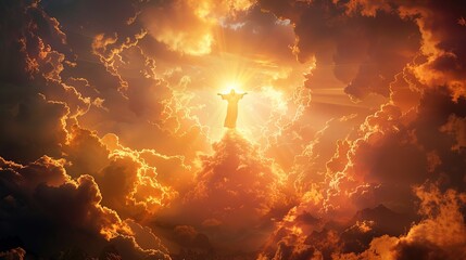 Fototapeta premium Beautiful Ascension Scene of Jesus at Sunset, Radiant Golden Sky