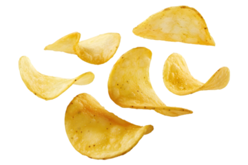 Flying potato chips, Crispy potato chips with a golden-brown finish on transparent background