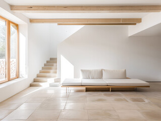 Fototapeta premium Empty designer modern living room filled with natural window lighting in a mix of warm and neutral colors. Real Estate interior design composition.