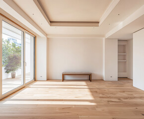 Obraz premium Empty designer modern living room filled with natural window lighting in a mix of warm and neutral colors. Real Estate interior design composition.