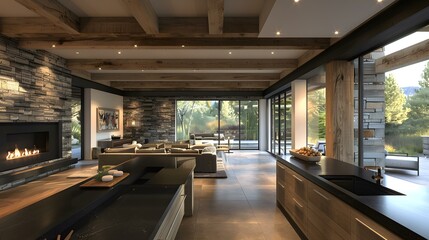 Fototapeta premium Modern Interior Design With Stone Wall And Fireplace