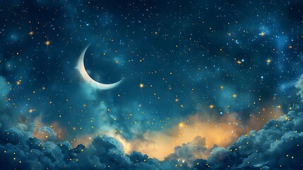 Crescent Moon and Starry Night Sky