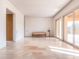 Empty designer modern living room filled with natural window lighting in a mix of warm and neutral colors. Real Estate interior design composition.