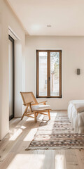 Fototapeta premium Empty designer modern living room filled with natural window lighting in a mix of warm and neutral colors. Real Estate interior design composition.