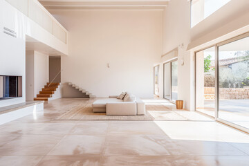 Fototapeta premium Empty designer modern living room filled with natural window lighting in a mix of warm and neutral colors. Real Estate interior design composition.