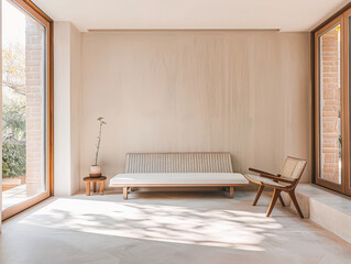 Empty designer modern living room filled with natural window lighting in a mix of warm and neutral colors. Real Estate interior design composition.