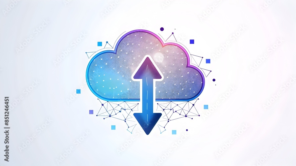 Poster stylized dynamic cloud upload icon with bold blue lines and design