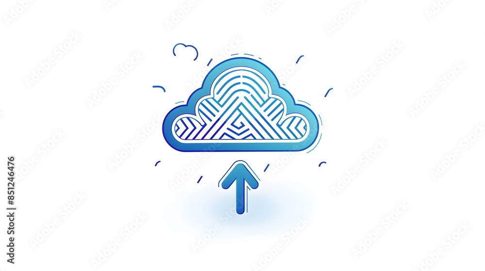 Poster stylized dynamic upload cloud icon with bold lines and blue hues