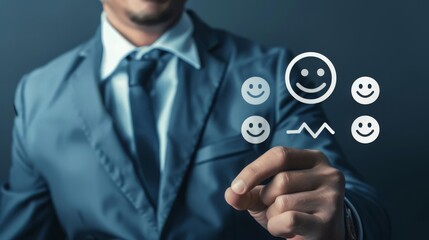 Satisfaction Rating Concept A businessman evaluating a product with smile face icons and percentage infographics to indicate satisfaction