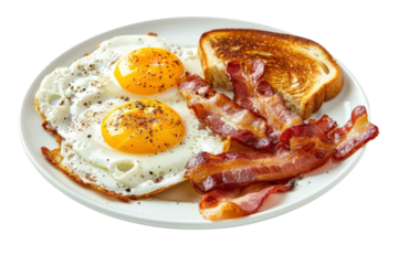 breakfast of two fried eggs and bacon, Isolated on a white background