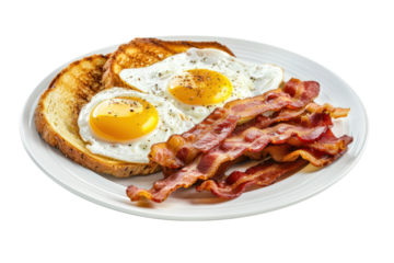 breakfast of two fried eggs and bacon, Isolated on a white background